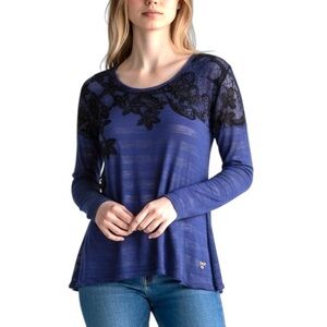 DESIGUAL S Dark Purple Long Sleeve Top Black Velvet Burnout‎ Accent Whimsigoth